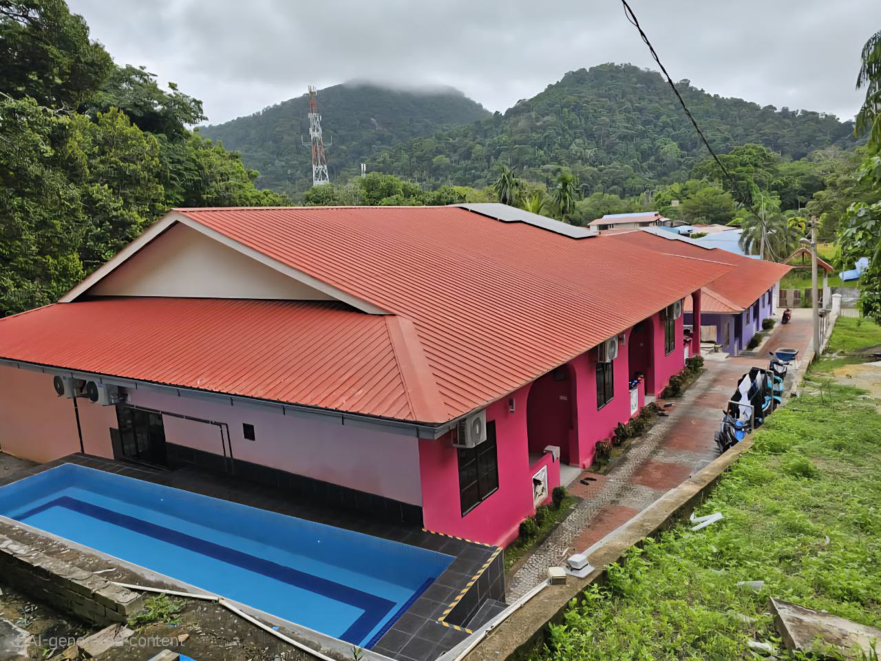 Bangunan vila ungu Teratak Nipah Homestay dengan laluan bata dan kawasan BBQ, Teluk Nipah Pulau Pangkor
